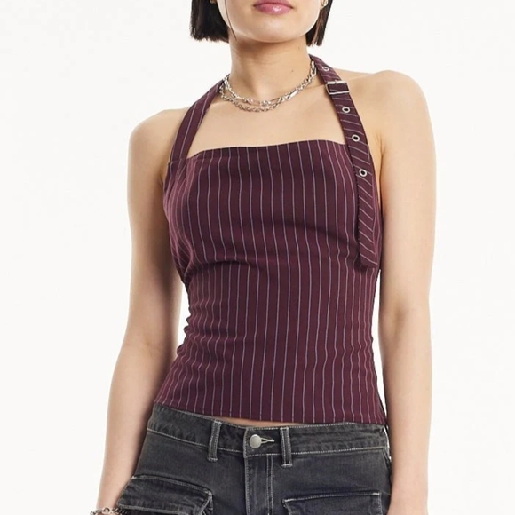 The Ragged Priest Tops - The Ragged Priest Burgundy Striped Crop Top